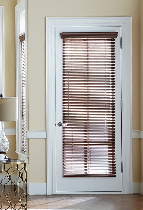 1in Faux Wood Blinds are slim enough to fit behind door handles, so they're perfect for french doors. Front Door Blinds, Door With Blinds, French Door Coverings, French Doors Design, French Door Window Treatments, Blinds For French Doors, Single French Door, French Door Windows, Patio Door Blinds