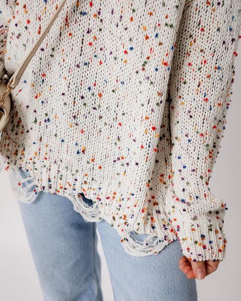 Elevate your wardrobe with our Confetti Round Neck Dropped Shoulder Sweater! Perfect for layering and adding a pop of color to your look. Get yours today! #FashionInspo #CozyStyle #sweater #sweaterweather Floral Crochet Sweater, Distressed Knit Sweater, Distressed Knit, Confetti Design, Comfortable Sweater, Stylish Sweaters, Floral Crochet, Drop Shoulder Sweaters, Round Neck Sweaters