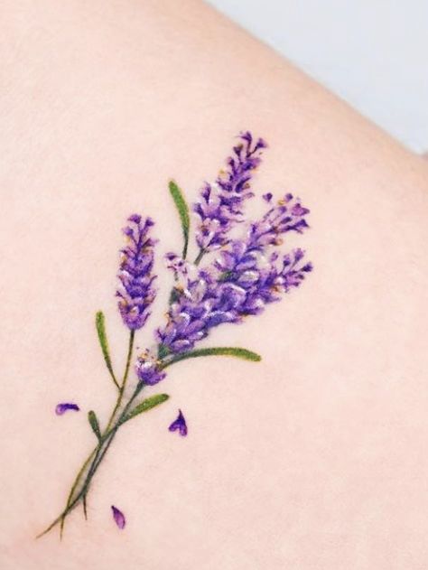 Purple And Green Tattoo, Lavender Tattoos For Women, Lavender Tatoos Ideas, Lavender Sprigs Tattoo, Scottish Tattoos For Women, Lilac Tattoo Design, Lavender Tattoo Design, Purple Flower Tattoo, Purple Flower Tattoos