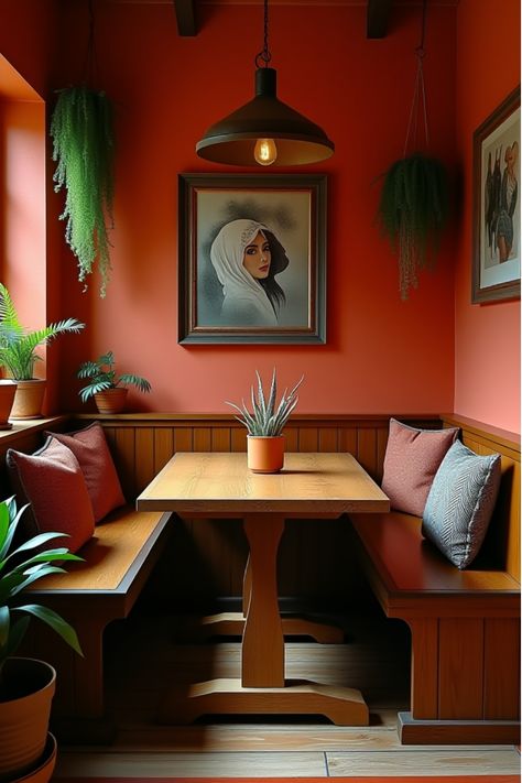 Warm dining nook featuring terracotta walls and hanging plants Faded Terracotta Walls, Amber Walls, Kitchen Wall Colour Ideas, Terracotta Kitchen Walls, Kitchen Wall Paint, Red Kitchen Walls, Terracotta Kitchen, Terracotta Walls, Terracotta Paint