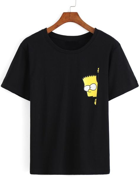 Simpson Print Loose Black T-Shirt-Romwe: Black Tshirt Painting, Painting On Black Tshirt, Cloth Designing, Graffiti Clothing, Cool Shirt Designs, Simpsons T Shirt, Creative T Shirt Design, Trendy Shirt Designs, T Shirt Painting