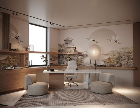 Japandi Style - Home Office Japandi Office Interior, Office Japandi, Japanese Style Office, Japandi Office, Portugal Villa, Japandi Home Office, Japan Office, Japandi Home, Japandi Design