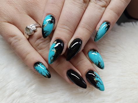 Black And Teal Marble Nails, Black And Blue Gel Nails, Blue And Black Nail Art, Blue And Black Nail Ideas, Turquoise And Black Nails, Blue And Black Nails Designs, Black And Teal Nails, Black And Blue Nail Ideas, Marbling Nails