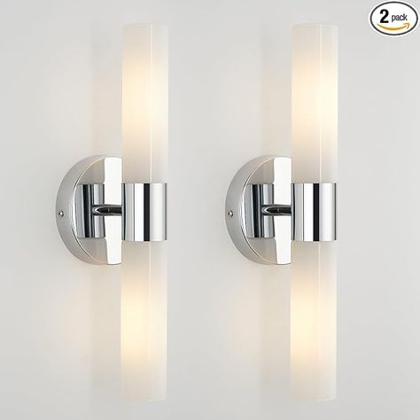 Amazon.com: Bathroom Vanity Light Fixtures, Modern Chrome Wall Sconces Set of Two, Double Tube Wall Lights Chrome Bathroom Lights, Sconces Wall Lighting Wall Mount Fixtures with Opal Glass Tube Shades, E12 Base Chrome Bathroom Lighting, Mirror And Sconces, Bathroom Vanity Light Fixtures, Bathroom Light Sconces, Bathroom Lights, Light Fixtures Bathroom Vanity, Chrome Mirror, Vanity Light Fixtures, Lighting Wall