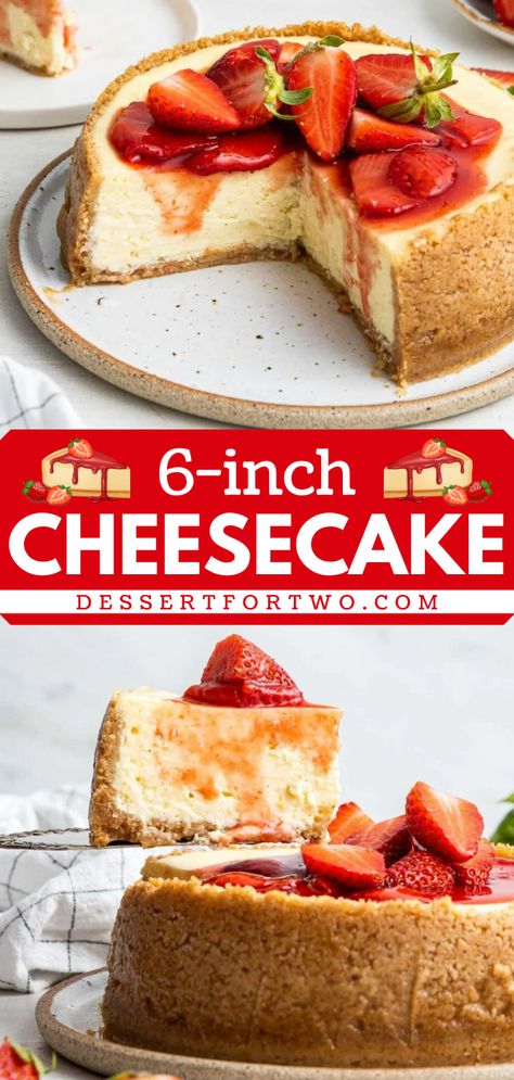 For the times when we need to celebrate, but we want to keep it small, this is what I make! My 6 inch cheesecake recipe is the absolute best, because you know I am the queen of cheesecakes! My perfect cheesecake has a generous crust that climbs all the way up the sides, and a filling that is creamy with the perfect amount of tang. The sweet strawberry sauce on top made with fresh berries and jam is optional, but I think it's so great with the lemon zest in the cake below. 6 Inch Strawberry Cheesecake, 8in Cheesecake Recipe, 5 Inch Cheesecake Recipe, 8 In Cheesecake Recipe, Small Strawberry Cheesecake, 6 In Cheesecake Recipe, Small Lemon Cheesecake, Six Inch Cheesecake Recipes, 4in Cheesecake Recipes