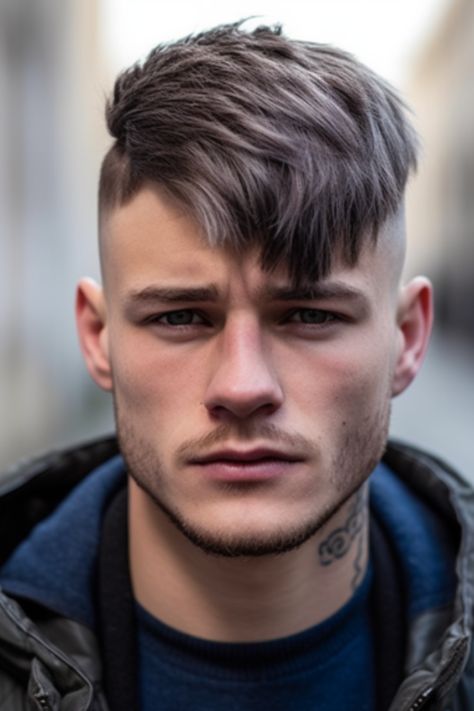 For a dramatic flair, opt for a heavy fringe with an undercut fade. The thick, heavy fringe creates a striking focal point when combined with a disconnected undercut. Click here to check out more stunning short sides, long top haircuts for men you’ll want to try. Short Undercut Men, Short Sides Long Top Hair Men, Mens Haircut Long On Top Short On Sides, Disconnected Undercut Men, Fade With Long Hair On Top, Mens Haircut Undercut, Masculine Haircuts, Short Hair Long Fringe, Men Haircut Ideas