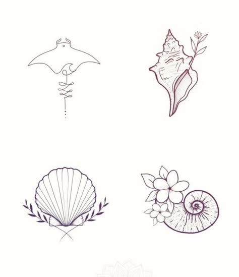 Small Seashell Tattoo Ideas, Simple Tattoo Outline Design, Flower Beach Tattoo, Shells Tattoo Ideas, Fineline Seashell Tattoo, Seashell Tattoo Ideas, Cute Shell Tattoo, Fineline Shell Tattoo, Seashell Flower Tattoo