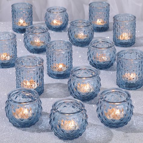 PRICES MAY VARY. [ Choice for Wedding Shower ]: DARJEN Blue candle holders are so perfect for your wedding shower. This blue color is subtle and sheer, the glass reflects the light from the candle in such a pretty way. They bring a romantic and joyful glow to your party, creating a beautiful atmosphere for you and your guests. Whether it is decorative or gift for wedding shower, they are your best choice. [ Unique Diamond Textured Style ]: This is the spark collision of noble and simple fashion. Greek Theme Wedding Decoration, Dusty Blue Decorations Wedding, Water Wedding Decor, Dusty Blue And Gold Wedding Theme Table Settings, Navy Light Blue And Gold Wedding, Blue And White Tea Party Decor, Light Blue Outdoor Wedding, Sea Blue Wedding Theme, Pastel Blue Wedding Decorations