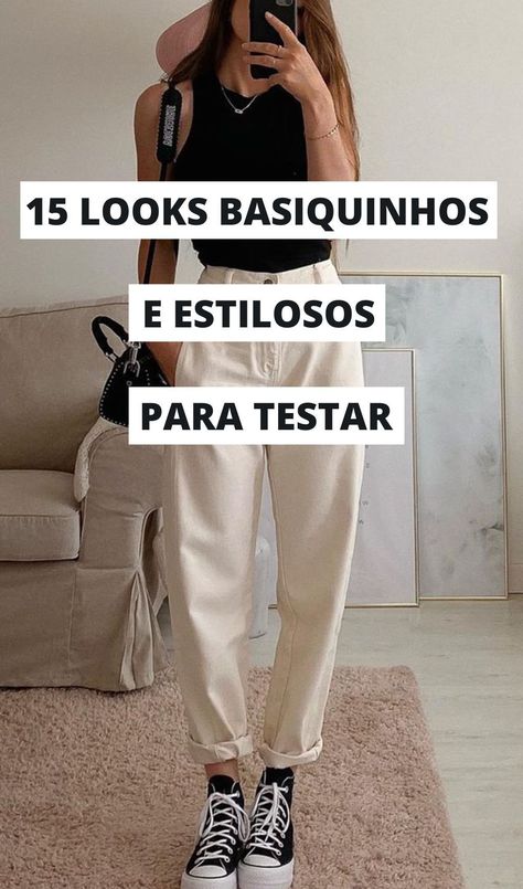 Foto: ameliecheval31 - Confira ideias de looks simples de montar que garantem um resultado estiloso. Looks com peças casuais que combinadas geram produções descoladas como esta com regata preta, calça caqui de alfaiataria e tênis all star preto de plataforma de cano médio. Outfit Simple Casual, Outfit Ideas Basic, All Star Outfit, Looks Com All Star, Looks Com Short, Women's Casual Style, Brunch Outfit, Outfit Casual, Outfits Casuales