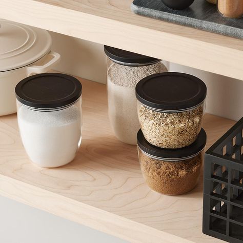 Marie Kondo Ink Black Modular Glass Canisters | The Container Store Tea Corner, Glass Containers With Lids, Spice Organization Drawer, Kitchen Dining Room Ideas, Ceramic Canisters, Home Remodels, Organizing Storage, Glass Spice Jars, Small Pantry