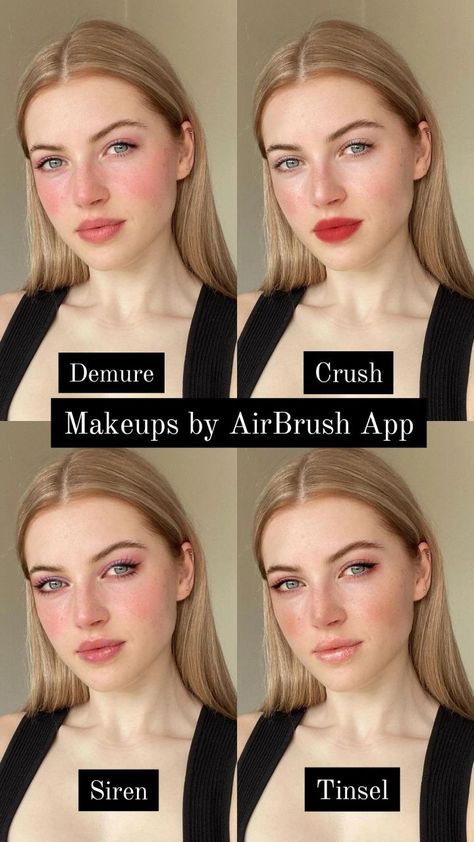 Photo edited by AirBrush App. Makeups: Sets Demure, Crush, Siren and Tinsel. Which makeup did you like the most? #AirBrush #retouch #photoeditor #filter #airbrushfilter #makeups #fashion #edit Demure Makeup, Airbrushed Makeup, Which Makeup, Airbrush App, Airbrush Makeup, Photo Edited, Level 3, Make Up Ideas, Photo Editor