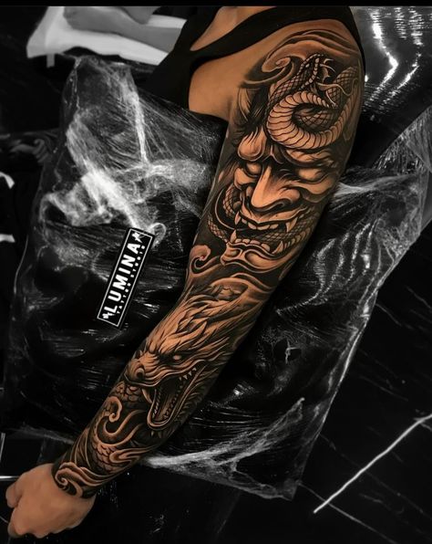 Tattoo Sleeve Samurai, Japanese Demon Sleeve Tattoo, Chinese Arm Sleeve Tattoo, Oni Mask Tattoo Shoulder, Japan Tattoo Sleeve For Men, Chinese Foo Dog Tattoo, Japanese Arm Tattoo Men, Japanese Sleeve Tattoos Black And Grey, Japanese Tattoos Men