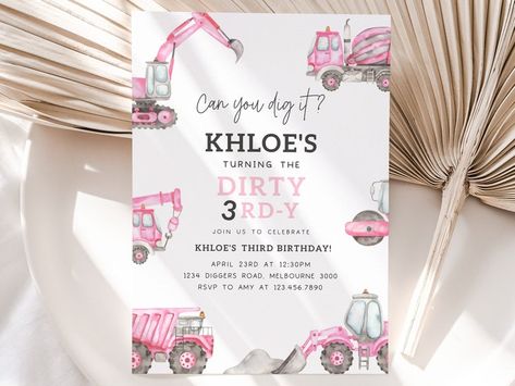 Pink Construction Dirty 3RD-Y Birthday Invitation, Editable Girl Construction Trucks 3rd B'day Invite, Digger Truck Party, Digital Download - Etsy 3rd Bday Party Themes, Twins Third Birthday Party Themes, 3yrs Old Birthday Party Ideas, 3year Birthday Party Ideas, Three Birthday Theme Girl, Three Year Old Birthday Party Theme, 3 Birthday Theme, 3 Year Birthday Theme Girl, Third Birthday Party Themes