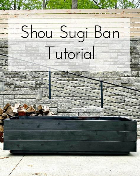 Garden Wood Furniture, Shou Sugi Ban Planter, How To Shou Sugi Ban, Shou Sugi Ban Bathroom, Log Ideas Diy Projects, Shou Sugi Ban Furniture, Japanese Wood Burning, Shugi Ban, Burn Wood