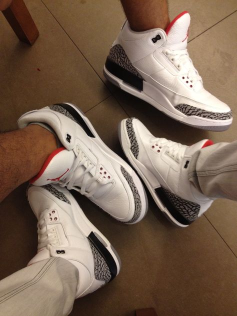 His & Hers Jordan 3 White Cement White Cement Jordan 3 Outfit, His And Hers Sneakers, Jordan 3 White Cement Reimagined Outfit, Matching Shoes For Couples Jordans, Air Jordan 3 Outfit Woman, Jordan 3 Retro Outfit, Jordan 3 White Cement Outfit, Jordan 3 Outfits, Matching Shoes For Couples