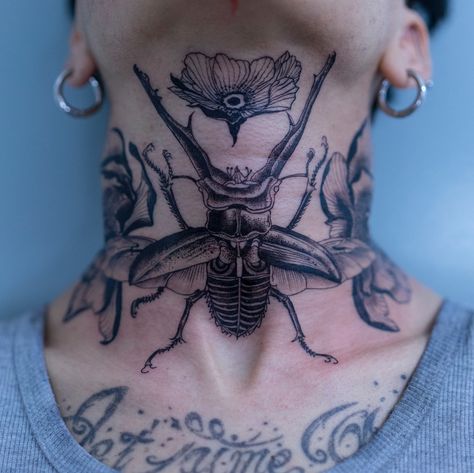 Insect Neck Tattoo, Flower Neck Tattoo, Best Couple Tattoos, Beetle Tattoo, Creative Tattoo, A T, Insect Tattoo, Bug Tattoo, Blackout Tattoo