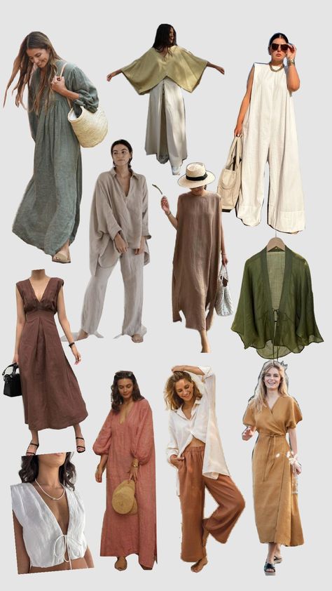 #linen #outfit #look #clean Linen Holiday Outfits, Linen Clothes Aesthetic, Linen Moodboard, Earth Tone Wardrobe, Neutral Boho Aesthetic, Linen Wardrobe, Linen Looks, Summer Moodboard, Linen Outfit