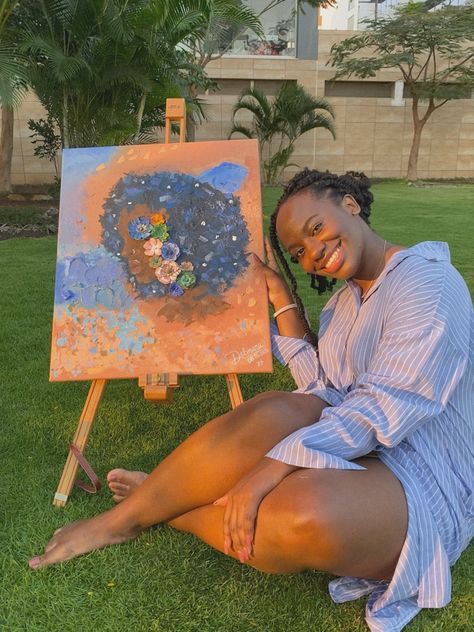 Painting of a woman in spring, painted by a black young woman Black Woman Artist, Hobbies Aesthetic Black Women, Successful Artist Aesthetic, Painter Aesthetics, Manifest Art, Highschool Goals, Black Woman Painting, Creativity Poster, Goals 2025