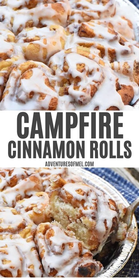 Here are two ways to make campfire cinnamon rolls, in a Dutch oven or pie iron. This ooey gooey, delicious camping recipe makes an easy breakfast you can make ahead and cook outdoors! It's perfect for the whole family; kids can help too! Camping Cinnamon Rolls, Campfire Cinnamon Rolls, Campfire Cooking Recipes, Sweet Breakfast Casserole, Easy Campfire Meals, Pie Iron Recipes, Camp Meals, Campfire Breakfast, Camping Food Make Ahead