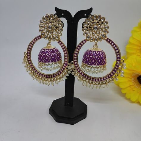 This is Meenakari Earring, Purple and white contemporary jhumkas, gold-plated, has artificial stones this is a very beautiful Earring. Purple Jhumka, Jhumkas Gold, Jewellery Board, Fancy Jewellery Designs, Yellow And Purple, Artificial Stone, Jewelry Boards, Indian Earrings, Fancy Jewellery