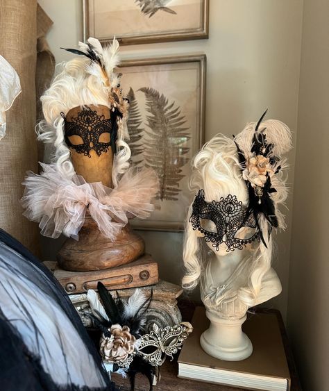 In our Marie Antoinette era. 👑 Halloween doesn’t have to be spooky. Just dressed up and dramatic! Add a costume to your millinery form, bust or dress form. We have Marie Antoinette inspired wig and mask sets, Masquerade masks, Corsages and attire at www.fernandtwig.com! Find this new upcoming line this Friday at 8pm EST at this week’s Fern and Twig Fall Friday drop! #baroque #rocococore #rococo #victorianfashion #embellish #embellished #embellishedbrocante #corset #oneofakind #handmade #hal... 1800s Masquerade Ball, 1800s Masquerade Ball Mask, Marie Antoinette Masked Ball, 18th Century Masquerade, Luxury Vintage Masquerade Mask, Fall Friday, Masquerade Masks, Masks Masquerade, Masquerade Ball