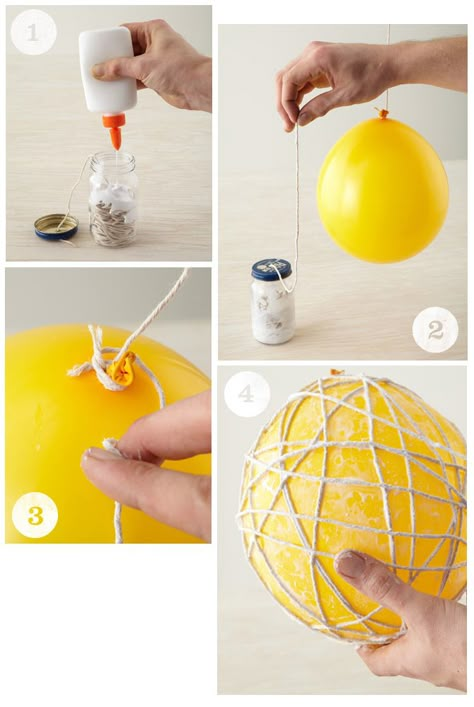 Tutorial for balloon string art ball. Could make some small ones and scatter on buffet table for decorations. String Balloons, Diy – Velikonoce, Mod Podge Crafts, Balloon Crafts, Diy Hanging, Balloon Diy, Yarn Ball, Crafty Craft, Fun Projects