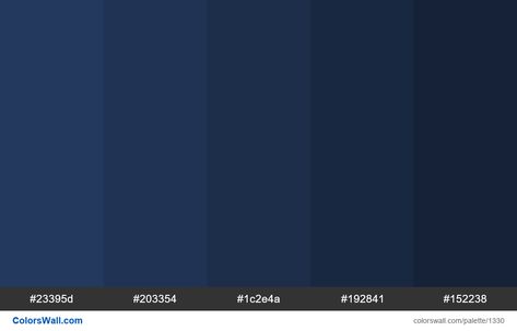 Dark blue shades colours. HEX colors #23395d, #203354, #1c2e4a, #192841, #152238. Brand original color codes, colors palette. Blue Color Hex, Dark Blue Color Code, Blue Hex Code, Blue Color Pallet, Navy Blue Paint Colors, Navy Color Palette, Navy Blue Paint, Blue Shades Colors, Dark Blue Shirt