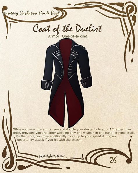 Coat of the Duelist! Listen to #thezonecast if you don’t already! Also, please consider checking out my Patreon if you like my work!… Magic Armor, Dungeons And Dragons 5e, D D Items, Dnd Dragons, Dnd 5e Homebrew, Dungeons And Dragons Game, Fantasy Props, Dnd Monsters, Game Master