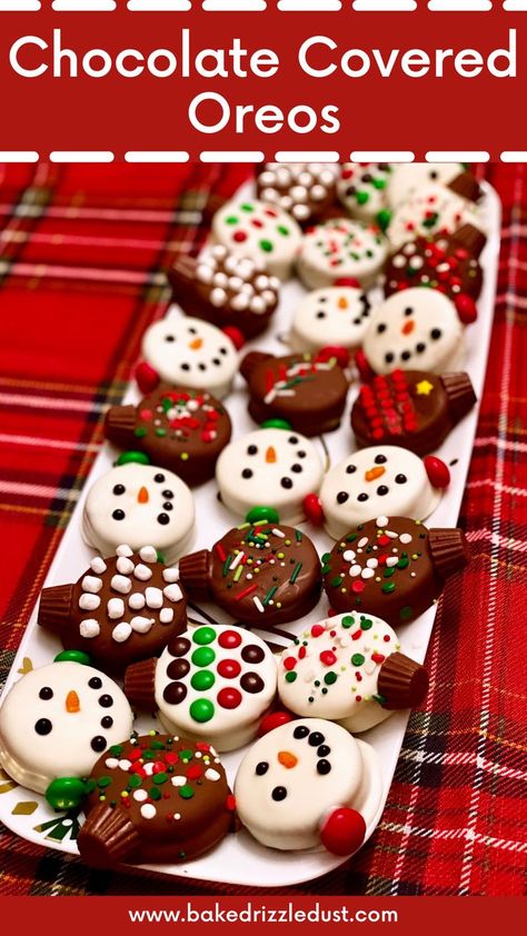 Overhead image of festive chocolate covered oreos in the design of snowmen with mini carrot noses and M&M ear muffs and white and milk chocolate ornaments on white plate on a red plaid tablecloth. Christmas Ornament Treats, Christmas Snacks No Bake, White Chocolate Holiday Treats, Oreo Cookie Christmas Treats, Oreo Cookies Dipped In White Chocolate, Oreo Christmas Ornament Cookies, Oreo Cookie Christmas Ornament, White Chocolate Covered Oreos Christmas, Cookies Made With Oreos