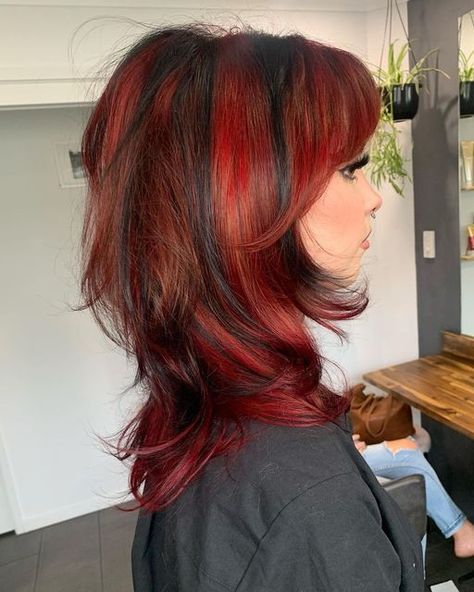 Dark Brown With Red Streaks, Shag With Red Highlights, Black Highlights In Red Hair, Hair Dye Ideas For Layered Hair, Red Hair W Black Highlights, Red Dyed Hair Ideas For Brunettes, Red Hair With White Underneath, Dyed Hair With Layers, Red Hair Black Streaks