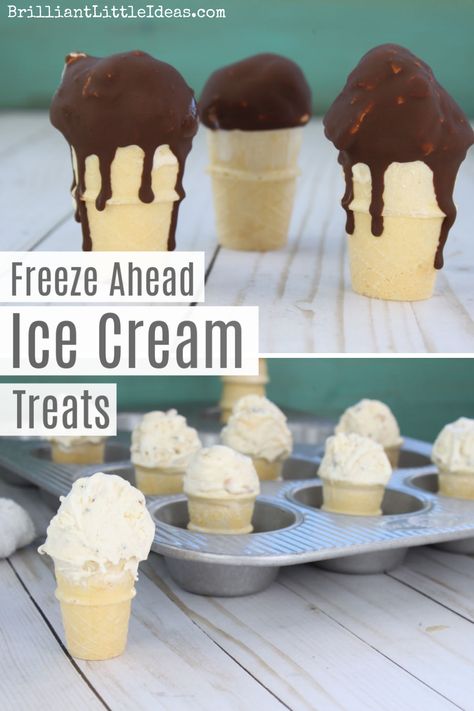 Super Easy Summer Ice Cream Treat for those hot days. Freeze Ahead Mini Ice Cream Treats for Kids #summertreats #icecream #makeaheadsnacks #forkids #magicshell Cone Dessert, Cheap Snack, Mini Ice Cream Cones, Mini Ice Cream, Freezer Food, Treats For Kids, Ice Cream Maker Recipes, Party 2023, Kid Desserts