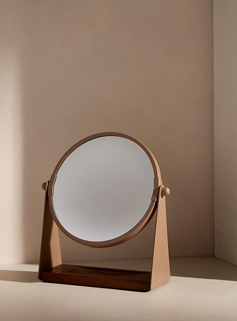 - A warm and modern piece with two magnifying mirrors on a highly practical pivoting stand- Metallic structure and bamboo stand- Mirror glass- 6.25" x 2.75" x 8" (16 x 7 x 20 cm) Mirrors Photography, Table Mirror, Mirror Photography, Seashell Mirror, Double Sided Mirror, Desk Mirror, Instagram Wallpaper, Bathroom Outdoor, Magnifying Mirror