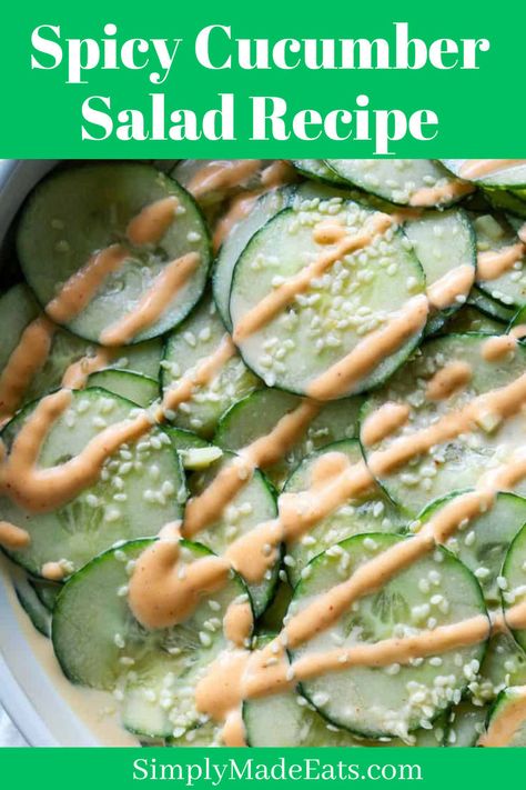 Spicy cucumber salad recipe with sriracha mayo on top. Cucumber Salad Mayo, Spicy Asian Cucumber Salad, Asian Turkey Meatballs, Spicy Cucumber Salad, Spicy Cucumber, Cucumber Salad Recipe, Asian Cucumber Salad, Sriracha Mayo, Fresh Salad Recipes