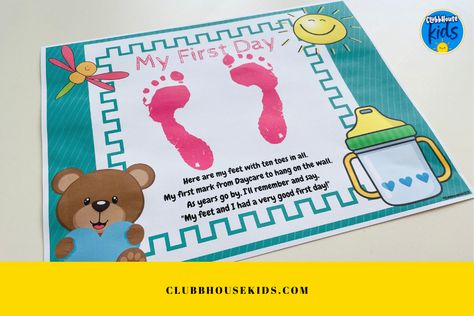 First Day Of School Footprint Art, First Day Of Daycare Footprint Craft, First Day Of School Crafts For Infants, 1st Day Of Daycare Infant Craft, First Day Daycare Craft, Themes For Infant Classroom, Infant Daycare Room Ideas Classroom, 1st Day Of Daycare Infant, First Day Of Daycare Craft Infant