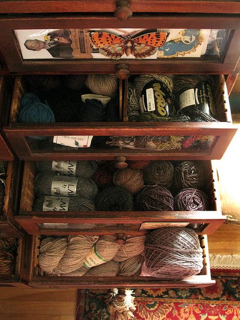 yarn stash: haberdashery cabinet drawers, angora, Noro, alpaca, superwash, luxe yarns, via Flickr. Yarn Cabinet, Yarn Storage Ideas, Yarn Storage Solutions, Haberdashery Cabinet, Small Rustic Bathroom Ideas, Wool Storage, Yarn Display, Storage Ideas For Small Spaces, Knitting Room