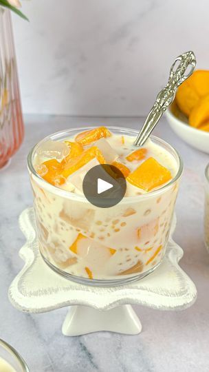 Mango Sago Pudding, Mango Bango Recipe, Mango Sago Dessert Recipe, Mango Tapioca Recipe, Mango Sago Recipe, Mango Bango, Mango Tapioca, Eid Dessert Recipes, Tapioca Dessert