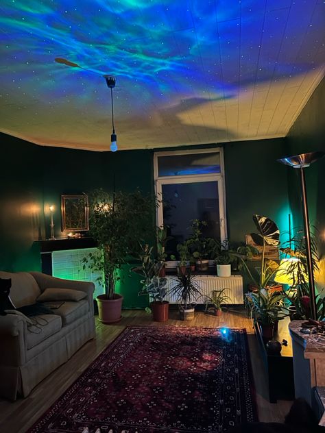 Trippy Living Room, Trippy Living Room Ideas, Cyberpunk Living Room, Spiritual Living Room, Dark Green Living Room, In Home Studio, Life Imitates Art, Mall Design, Green Living Room