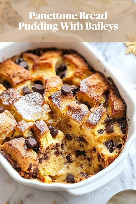 A comforting bread and butter pudding made with panettone and enhanced by a Baileys twist, creating a cozy, easy festive dessert. Irish Christmas Desserts, Simple Christmas Sweets, Quick Holiday Desserts, Christmas Sweets Easy, Bread Pudding With Rum Sauce, Quick Holiday Treats, Christmas Dessert Menu, Panettone Bread Pudding, Baileys Dessert