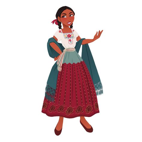 Mexican Person Drawing, Hispanic Character Design, Latina Character Design, Mexican Character Design, Mexican Oc, Encanto Oc, Mexican Culture Art, Clothing Design Sketches, Skirt Maxi