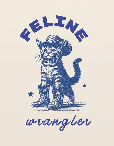 Feline Wrangler, Cowboy Cat Print, Western Wall Art, Wild West Art, Cowgirl Print, Western Decor, Cat Lover Decor, Cat Lover Gift, Blue Art ❗IMPORTANT❗ ⭐ THIS PRINT IS PRINTED ONTO HIGH QUALITY MATTE COTTON CARD.  ⭐ ALL OF OUR PRINTS ARE UNFRAMED! ⭐ THESE PRINTS ARE PHYSICAL PRINTS THAT ARE SHIPPED TO YOUR HOME All of our products are shipped within 1-3 business days and are covered by a 100% satisfaction guarantee. ✔️ FEATURES: - printed onto high quality cotton fine art cardstock - High quality, vibrant graphics - Speedy shipment - Custom Inky Piglet design - Eco - friendly process - Fair labour production - Covered by our 100% satisfaction guarantee 🚚 SHIPPING - Ships within 1-3 days. Shipment quality approved. SIZES: We offer the following sizes: A5 paper size A4 paper size A3 Paper S Cat Cowboy Illustration, Cowboy Cat Art, Vintage Western Prints, Cat Cowboy, Cowboy Print, Western Graphics, Western Illustration, Western Prints, Beautiful Tattoos For Women