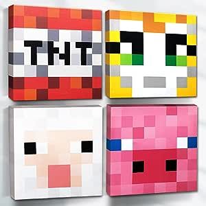 4-Pack Pixel Video Game Canvas Wall Art, Pixel Face Poster, TNT, Pig Face, Sheep Face, Cat Face, Color Block Print Artwork Stretch Frame,Room Decor, Wall Hanging for Boys Room (Pixel, 12*12IN) Pixel Video Game, Frame Room Decor, Pixel Poster, Pixel Video, Dorm Themes, Sheep Face, Gamer Decor, Art Pixel, Pixel Art Games