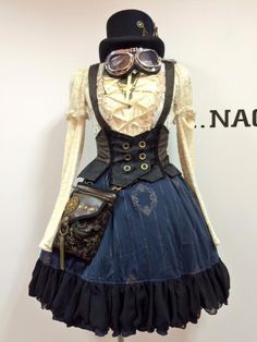 Cute idea for Maeve's steampunk outfit. Steampunk Women Outfits, Steampunk Librarian Costume, Cute Steampunk Outfits, Steampunk Fashion Women Dresses, Blue Steampunk Dress, Steampunk Aesthetic Outfit, Steampunk Fashion Everyday, Steampunk Dress Victorian, Steam Punk Outfits