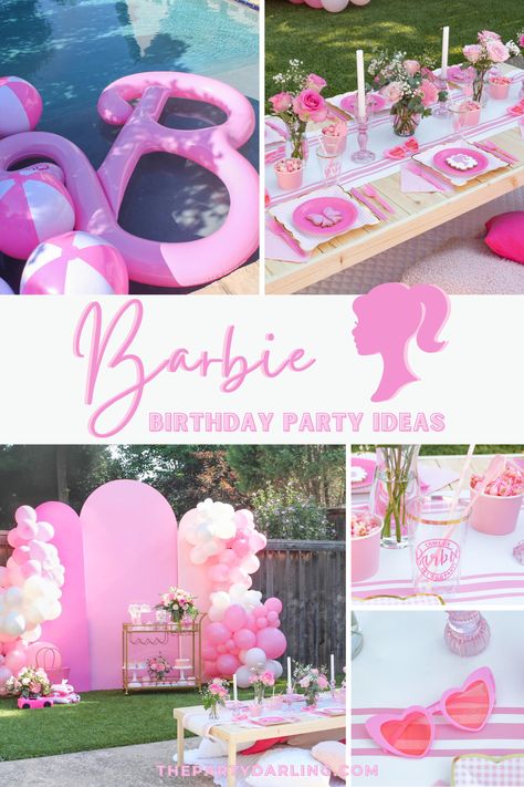 Pink party decorations for ideas on how to throw a Malibu Barbie Birthday Party for your little one Chic Barbie Birthday Party, Vintage Barbie Party Decorations, Barbie B Day Party, Barbie World Birthday Party, Barbie Place Setting, Pink Barbie Party Ideas, Barbie Viewing Party, Barbie Party Dessert Table, Boho Barbie Party