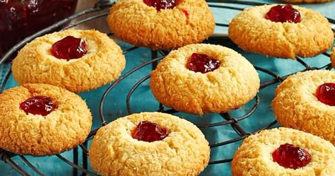 Try stop at just one, you can't! Coconut Pyramids, Coconut Jam Drops, Jam Drops Recipe, Jam Drop Biscuits, Jam Drops, Cookies With Jam, Coconut Jam, Kids Treats, Coconut Biscuits