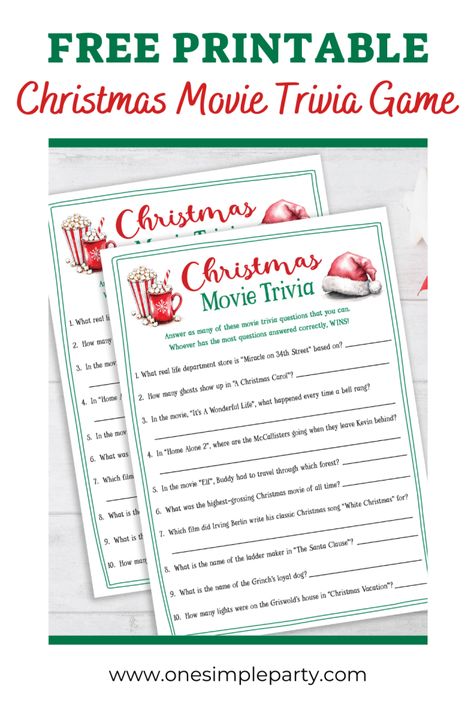 Looking for a fun Christmas party game for your next holiday movie night? Check out this Free Printable Christmas Movie Trivia Game. Set with creative Christmas movie trivia, it's sure to get guests discussing who really knows the most about Christmas movies. #christmasmovietrivia #christmaspartygame #freeprintable Holiday Movie Trivia With Answers, Trivia Answer Sheets Free Printable, Christmas Movie Games Free Printable, Christmas Movie Trivia Printable Free, Christmas Trivia Questions And Answers Free Printable Printable, Christmas Trivia Printable Free, Christmas Movie Trivia Printable, Christmas Song Trivia Free Printable, Christmas Movie Trivia With Answers