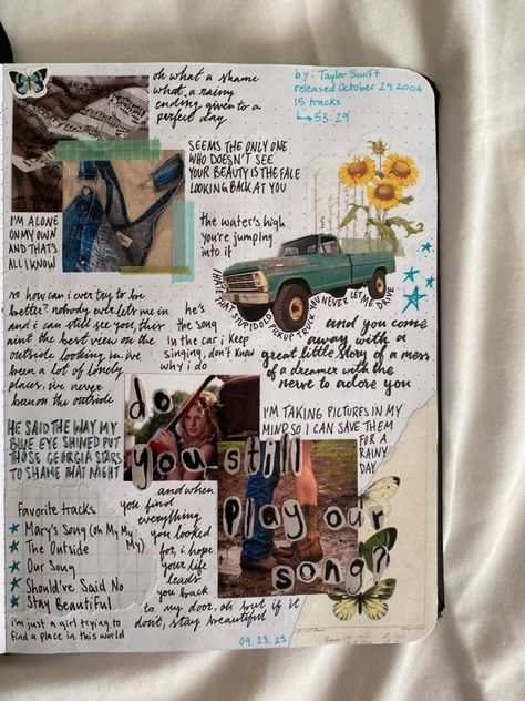 Album Journal Page, Taylor Journal, Taylor Swift Journal, Song Journal, Music Scrapbook, Taylor Swift Debut Album, Taylor Swift Debut, Taylor Swift Book, Scrapbook Inspo