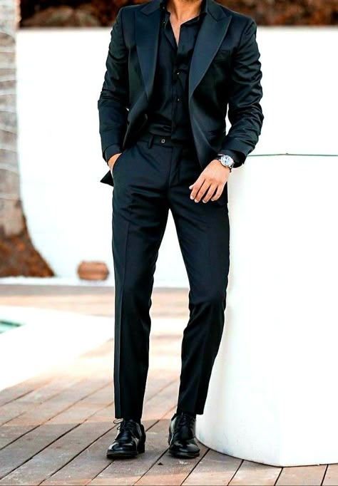 Mens Prom Outfit, Black Wedding Guest Outfits, Full Black Suit, Black Shirt Outfit Men, Wedding Guest Outfit Men, Mens Prom, Black Tie Outfits, Wedding Guest Suits, Black Shirt Outfits