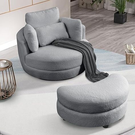 Amazon.com: Chair and A Half with Ottoman, 360° Swivel Accent Barrel Chair Modern Comfy Round Reading Sofa Swivel Chairs Circle Lounge Chair for Bedroom Living Room w/4 Pillow Lower Seating Heigh (Grey, Medium) : Home & Kitchen Oversized Swivel Chair, Cuddle Sofa, Modern Sofa Chair, Round Swivel Chair, 4 Pillows, Lounge Chair Bedroom, Barrel Chairs, Modern Swivel Chair, Oversized Chair And Ottoman