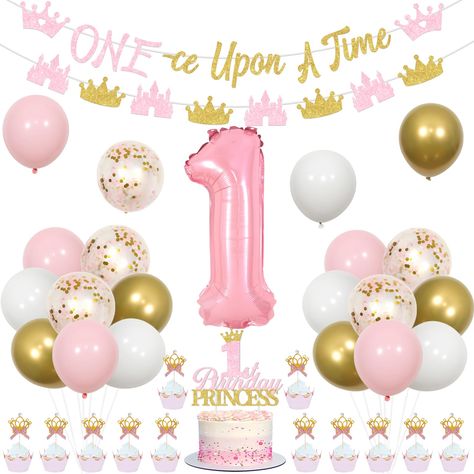 PRICES MAY VARY. Package Includes: This princess 1st birthday decorations for girls include 16 x latex balloons 12 inches, 1 x onece upon a time banner, 1 x princess crown castle banner garland, 1 x princess 1st birthday cake topper, 12pcs princess crown cupcake toppers, 1 x number 1 foil balloon 32 inches(No Helium Supported) Little Princess 1st Birthday Decorations Girl: Your little girl’s first birthday only comes once, which is why you cannot afford to settle for boring party decorations. Us Once Upon A Time Decorations, Once Upon A Time First Birthday, Once Upon A Time 1st Birthday Party, Once Upon A Time First Birthday Theme, One-ce Upon A Time 1st Birthday, Once Upon A Time Birthday Party, 1st Birthday Decorations Girl, White Gold Balloons, Pup Birthday