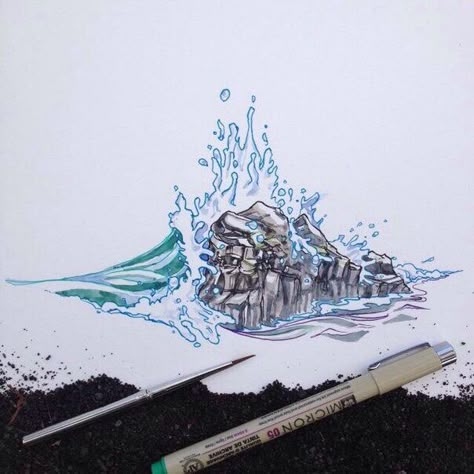 Water Crashing On Rocks Drawing, Rock In Water Drawing, Waves Crashing On Rocks Drawing, Rock And Water Tattoo, Rock And Wave Tattoo, Water Hitting Rocks, Wave Crashing Drawing, Wave Crashing On Rocks Tattoo, Wave And Rock Tattoo